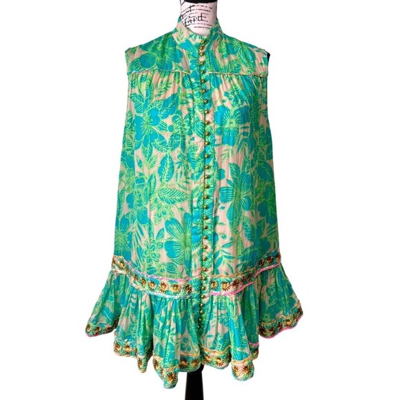 Miss June Dresses & Skirts - Miss June Floral Sleeveless Ruffle Dress Green Beige Gold-Button Womens One Size